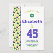 Invitation Fête d'anniversaire de pickleball vert et violet (Devant)