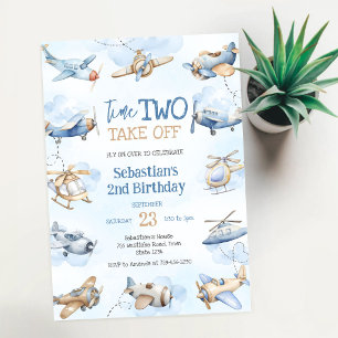 Invitation Fête d'anniversaire de pilote d'avion, deux décoll