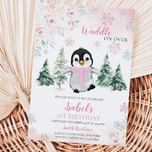 Invitation Fête d'anniversaire de pingouin d'hiver rose