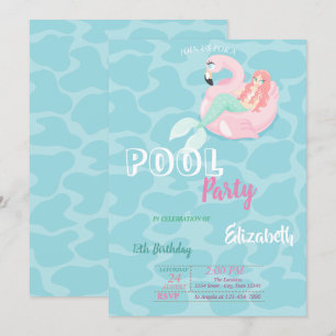 Invitation Fête d'anniversaire de piscine de sirène mignonne