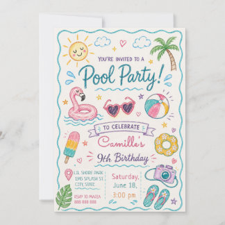 Invitation Fête d'anniversaire de piscine dessinée à la main