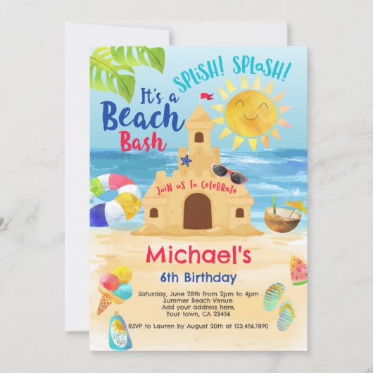 Invitation Fête d'anniversaire de plage (Devant)