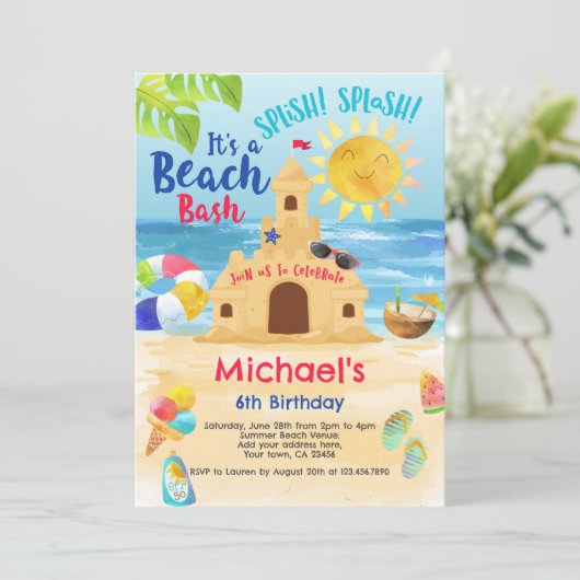 Invitation Fête d'anniversaire de plage (Debout devant)