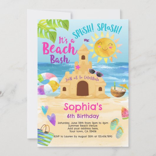 Invitation Fête d'anniversaire de plage (Devant)