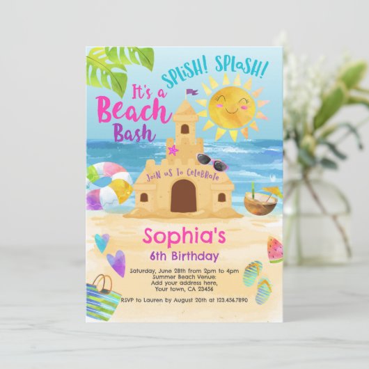 Invitation Fête d'anniversaire de plage (Debout devant)
