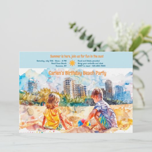 Invitation Fête d'anniversaire de plage (Debout devant)