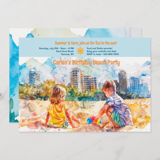 Invitation Fête d'anniversaire de plage (Devant / Derrière)