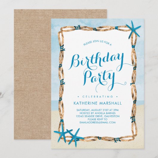 Invitation Fête d'anniversaire de plage d'étoiles de mer (Devant / Derrière)