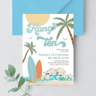Invitation Fête d'anniversaire de plage Surf de garçon 10 ans