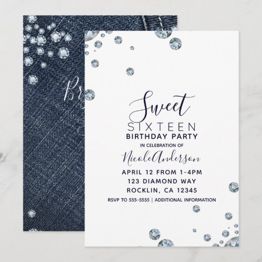 Invitation Fête d'anniversaire de poche en denim et diamants (Devant / Derrière)