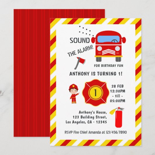 Invitation Fête d'anniversaire de pompier avec camion de pomp (Devant / Derrière)