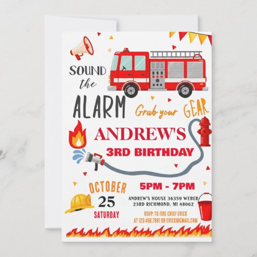 Invitation Fête d'anniversaire de pompier moderne pour garçon (Devant)