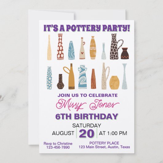 Invitation Fête d'anniversaire de poterie (Devant)