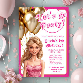 Invitation Fête d'anniversaire de poupée de mode en or rose