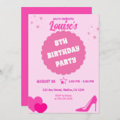 Invitation Fête d'anniversaire de poupée rose, Fille (Devant / Derrière)