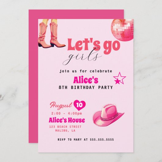 Invitation Fête d'anniversaire de poupée rose, Fille Malibu A (Devant / Derrière)