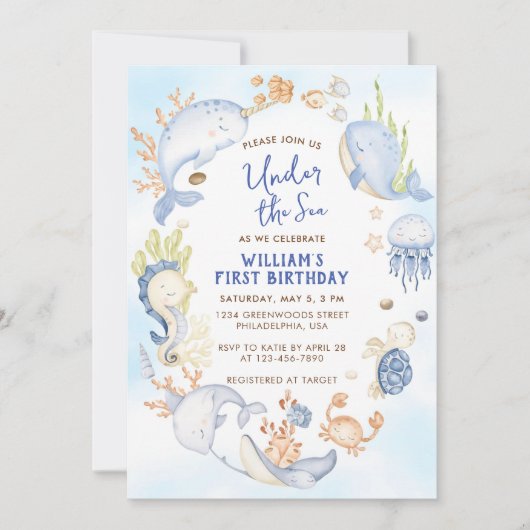 Invitation Fête d'anniversaire de premier an sous la mer garç (Devant)