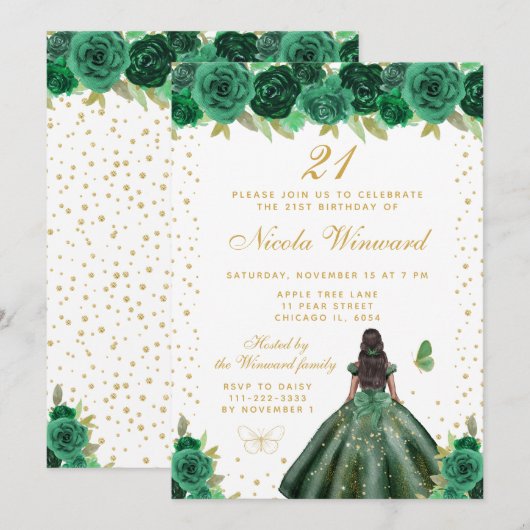 Invitation Fête d'anniversaire de princesse à peau foncée et (Devant / Derrière)