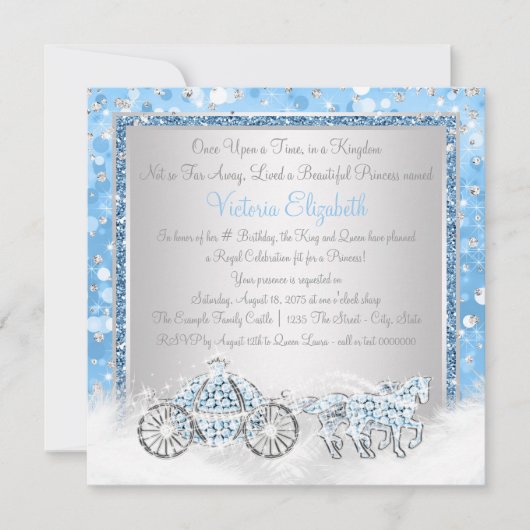 Invitation Fête d'anniversaire de princesse Cendrillon bleu e (Devant)
