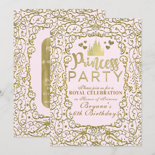 Invitation Fête d'anniversaire de PRINCESSE Château Rose & Or (Devant / Derrière)