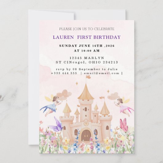 Invitation Fête d'anniversaire de princesse de conte de fées (Devant)