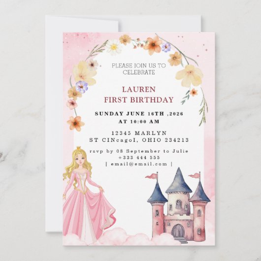 Invitation Fête d'anniversaire de princesse de conte de fées (Devant)