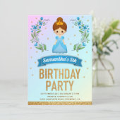 Invitation Fête d'anniversaire de princesse florale bleue ave (Debout devant)