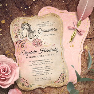Invitation Fête d'anniversaire de Princesse Rose et Or pour Q