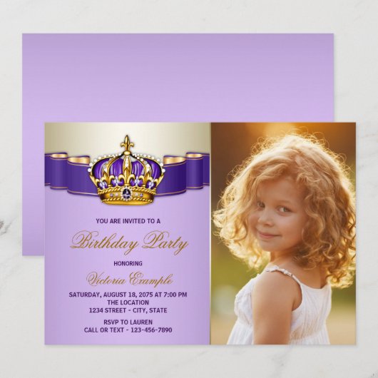 Invitation Fête d'anniversaire de princesse Violet et Or (Devant / Derrière)