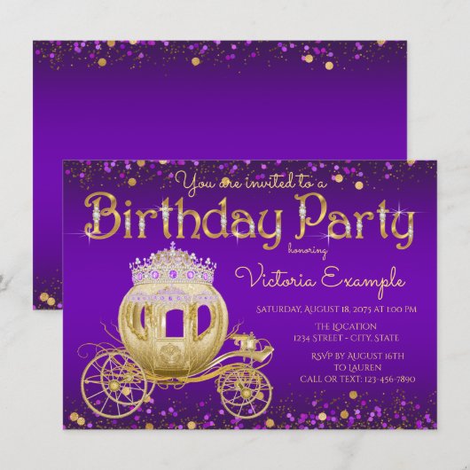 Invitation Fête d'anniversaire de princesse Violet et Or (Devant / Derrière)