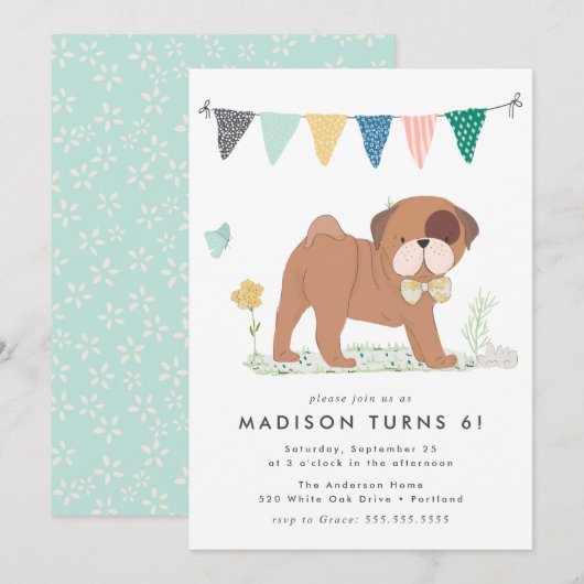 Invitation Fête d'anniversaire de Pug avec nœud papillon mign (Devant / Derrière)