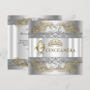Invitation Fête d'anniversaire de Quinceanera Blanc Argent Or