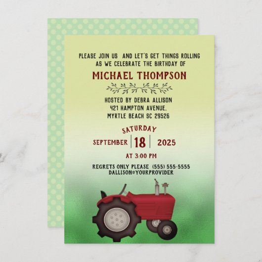 Invitation Fête d'anniversaire de Red Tractor (Devant / Derrière)
