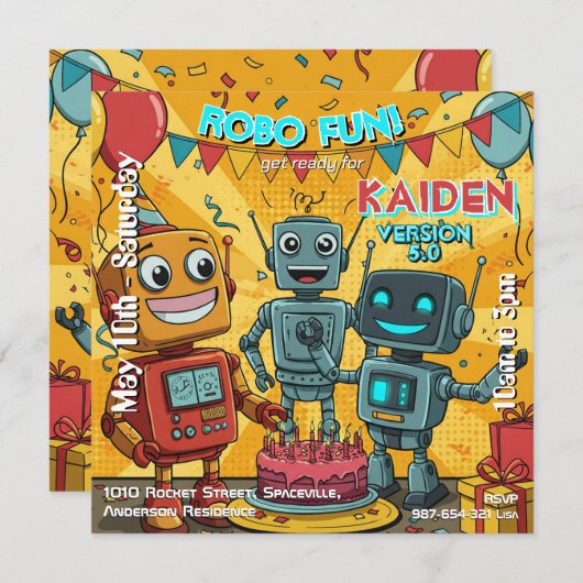 Invitation Fête d'anniversaire de Robot Robo Fun (Devant / Derrière)