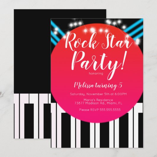Invitation Fête d'anniversaire de Rockstar de piano musical (Devant / Derrière)