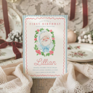 Invitation Fête d'anniversaire de Santa Floral et Gingham Vin