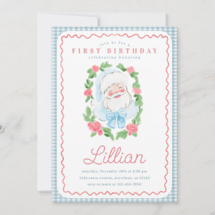 Invitation Fête d'anniversaire de Santa Floral et Gingham Vin