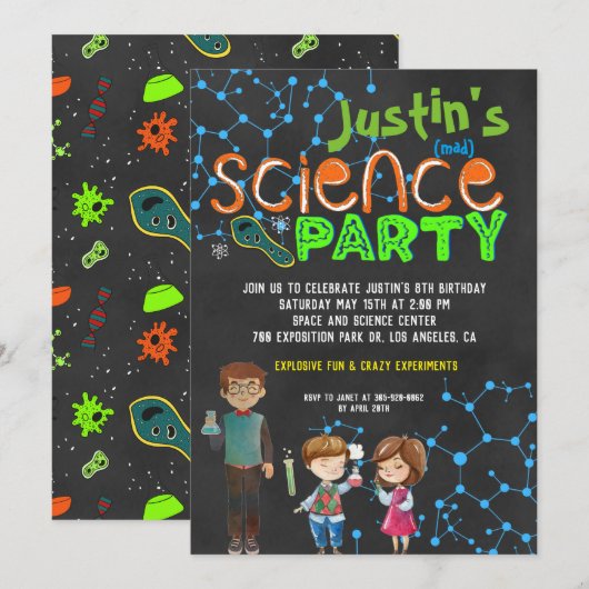 Invitation Fête d'anniversaire de scientifique fou (Devant / Derrière)