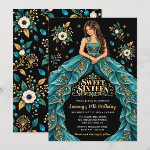 Invitation Fête d'anniversaire de seize ans Teal Gold Floral