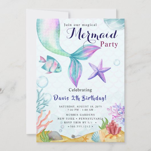 Invitation Fête d'anniversaire de sirène (Devant)