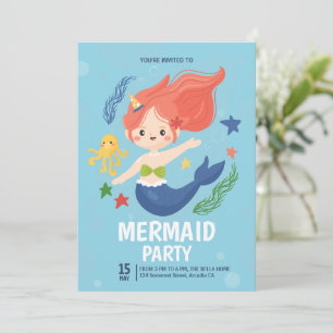 Invitation Fête d'anniversaire de sirène à l'aquarelle sous l