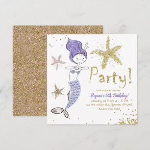 Invitation Fête d'anniversaire de sirène avec paillettes viol