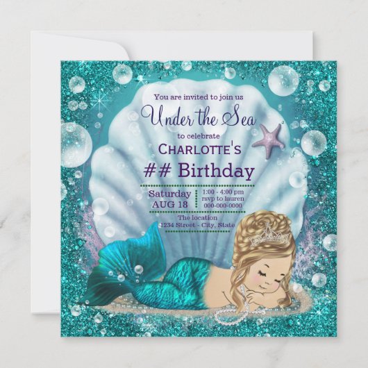 Invitation Fête d'anniversaire de sirène blonde chic (Devant)