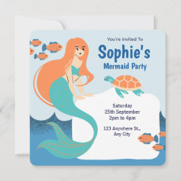 Invitation Fête d'anniversaire de sirène de filles bleu orang