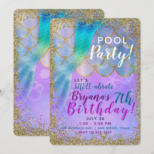 Invitation Fête d'anniversaire de sirène de paillettes de per (Devant / Derrière)