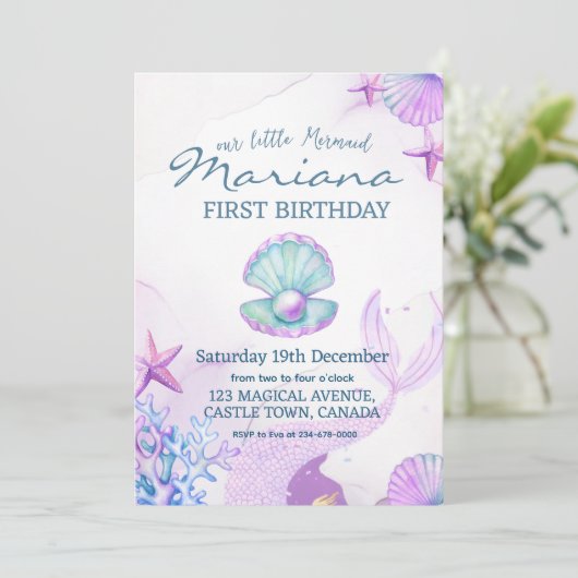 Invitation Fête d'anniversaire de sirène Perle Premier Annive (Debout devant)