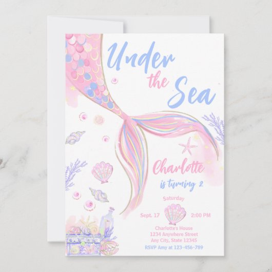 Invitation Fête d'anniversaire de sirène rose sous la mer (Devant)
