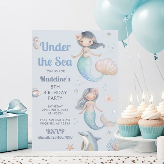 Invitation Fête d'anniversaire de sirène sous la mer bleue