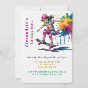 Invitation Fête d'anniversaire de skateboard de fille peinte