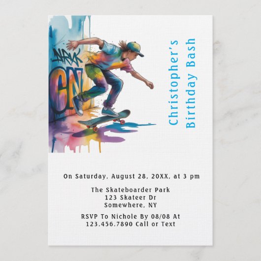 Invitation Fête d'anniversaire de skateboard graffiti coloré (Devant)
